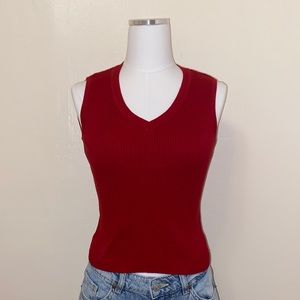 Brandy Melville Red Solid Sweater Vest V- Neck Ribbed Top